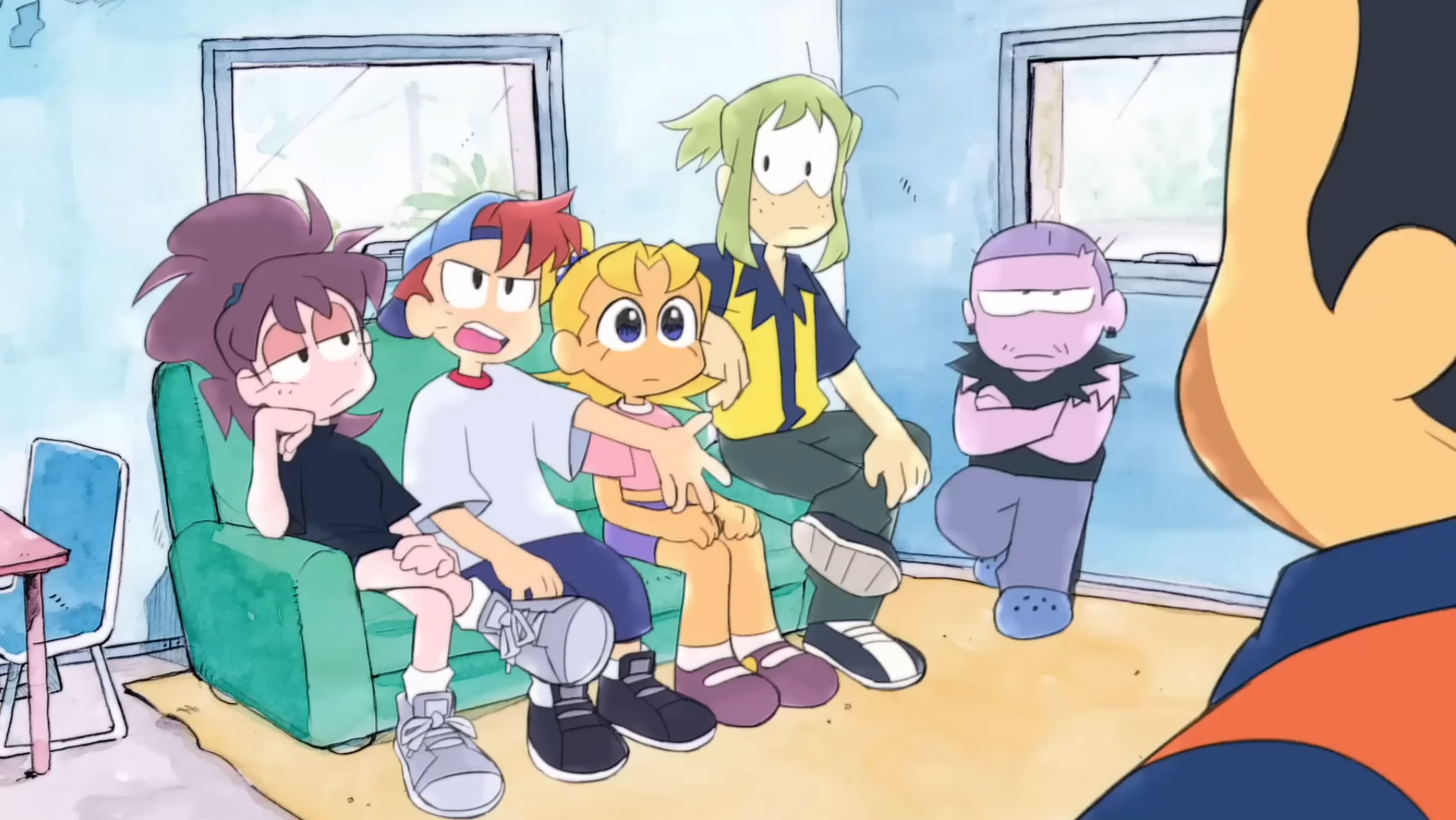 screen shot of the characters from Day Job OVA episode as they sit on the couch in the break room